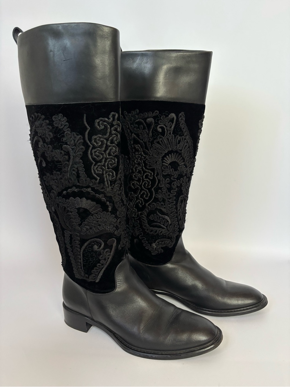 Salvatore Ferragamo Black Leather Soutache Embroidered Knee High Boots 8.5